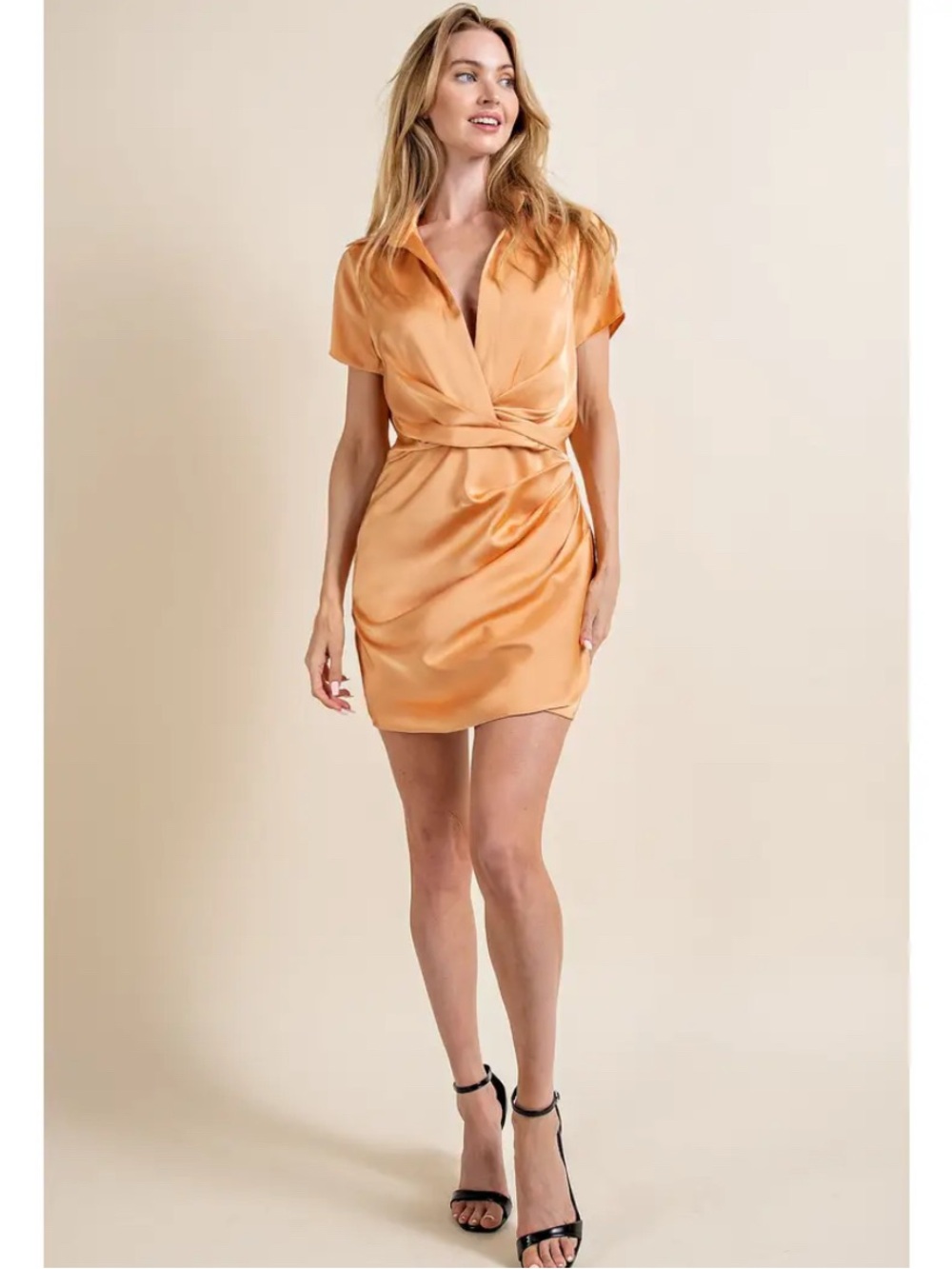 Satin Twist-Waist Mini Dress in Peach